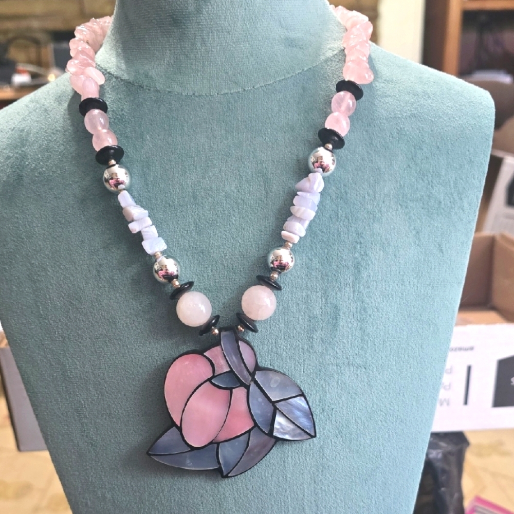 Lee Sands Pink Fruit & Foliage Necklace Laminated Shell Inlay Quartz Aqate Onyx